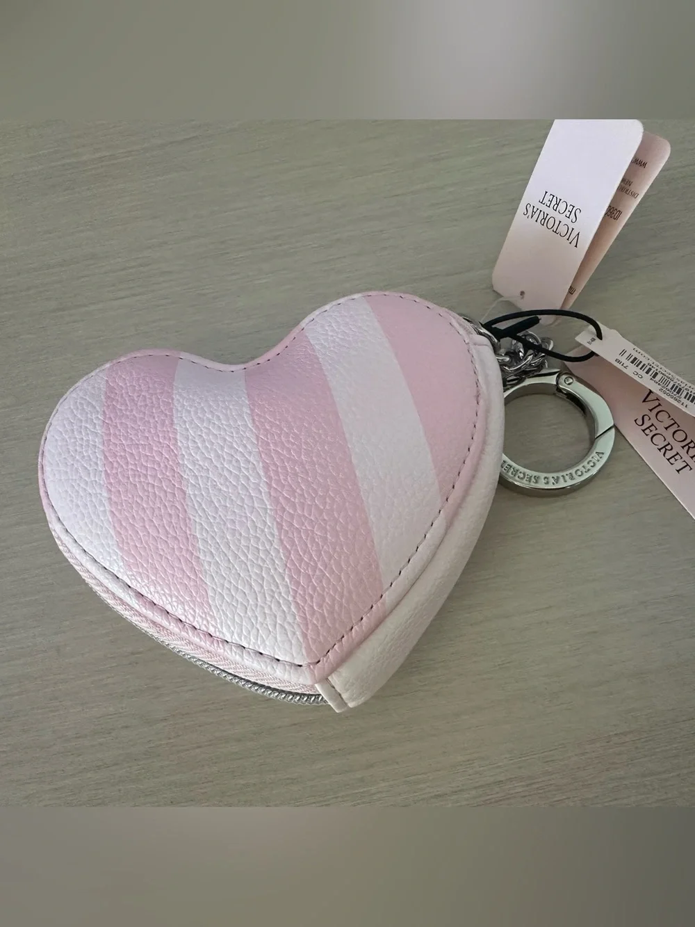 Victoria's Secret Pink & White Striped Heart Keychain Coin Purse